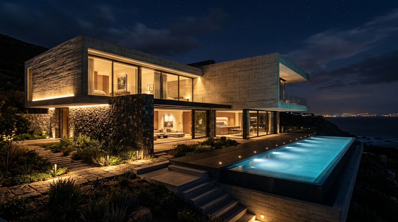Villa Nocturna — Composição volumétrica em betão aparente e pedra negra com iluminação cénica em Cascais