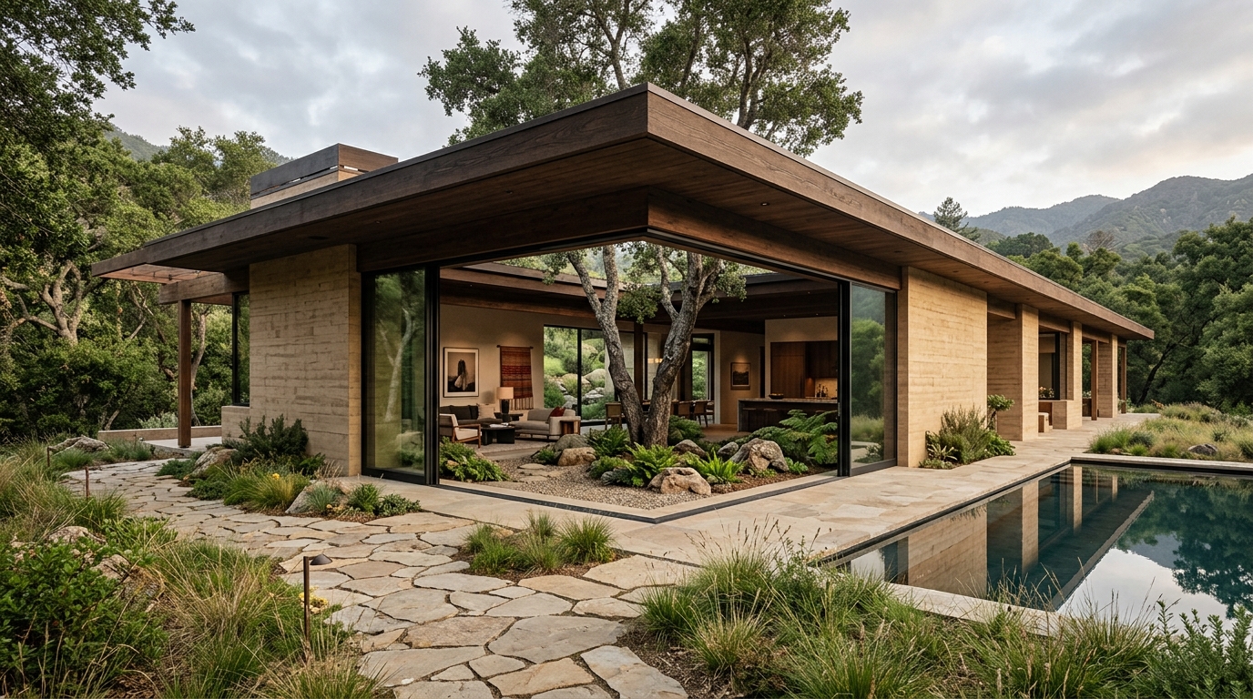 Pavilhão da Terra — Residência linear térrea em betão arenoso e madeira na Comporta